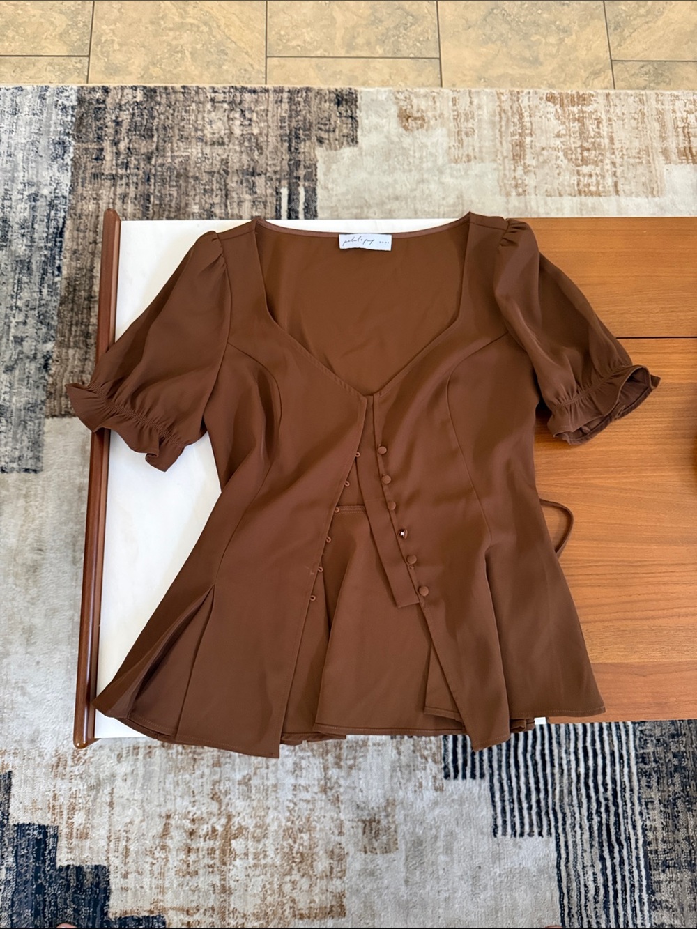 Petal & Pup Brown Puff-Sleeve V-Neck Button-Front Top